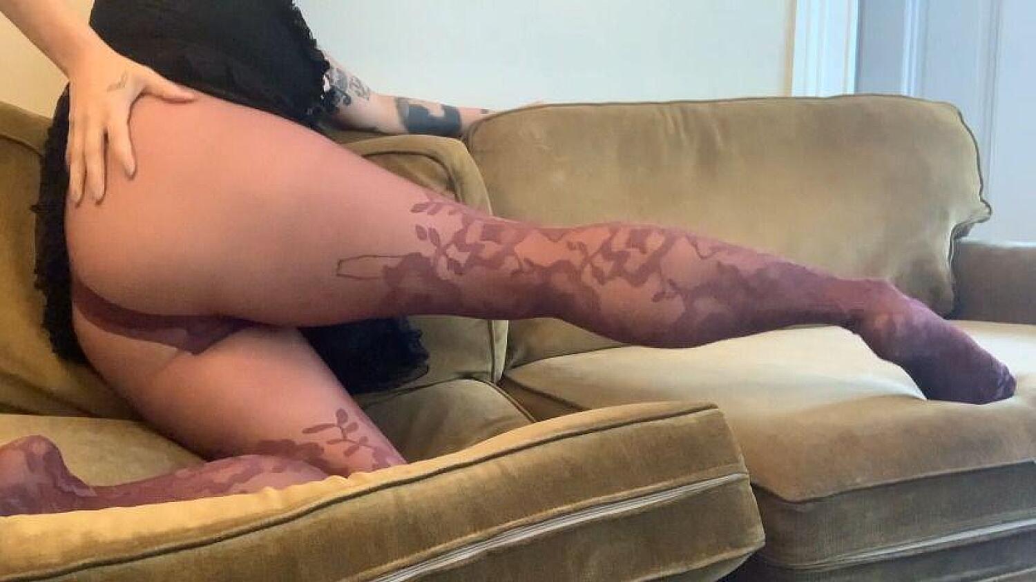 Purple Floral Pantyhose On Calf Muscles