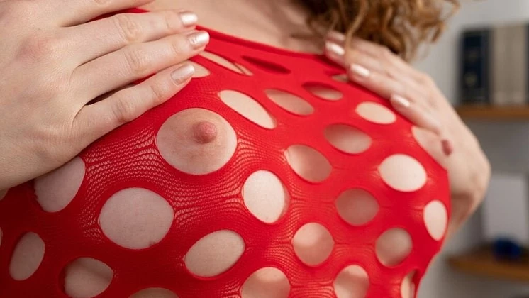 Guinevere in Red Fishnet Dress & Thong