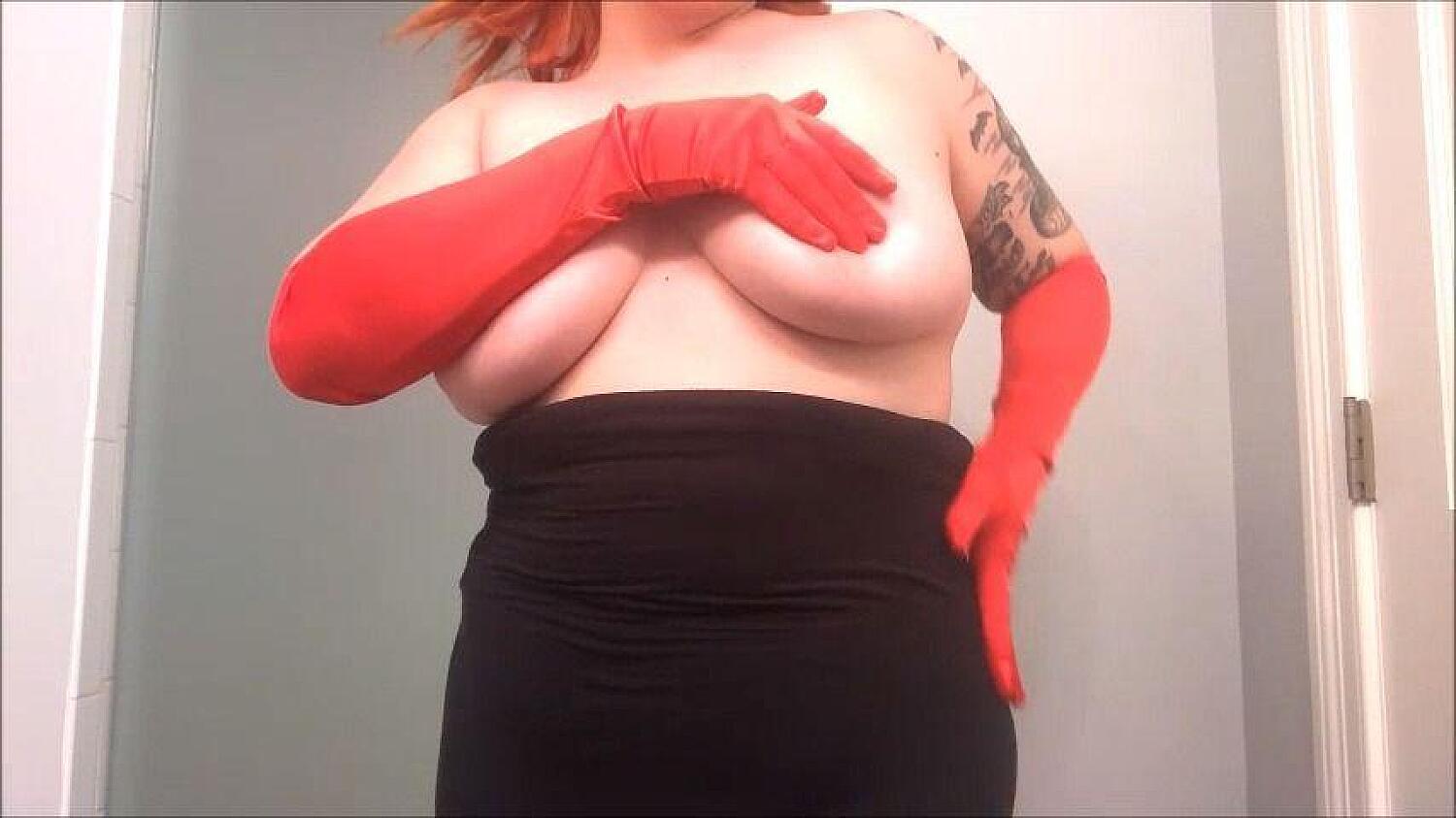 Red Satin Gloves And Handbra Tease