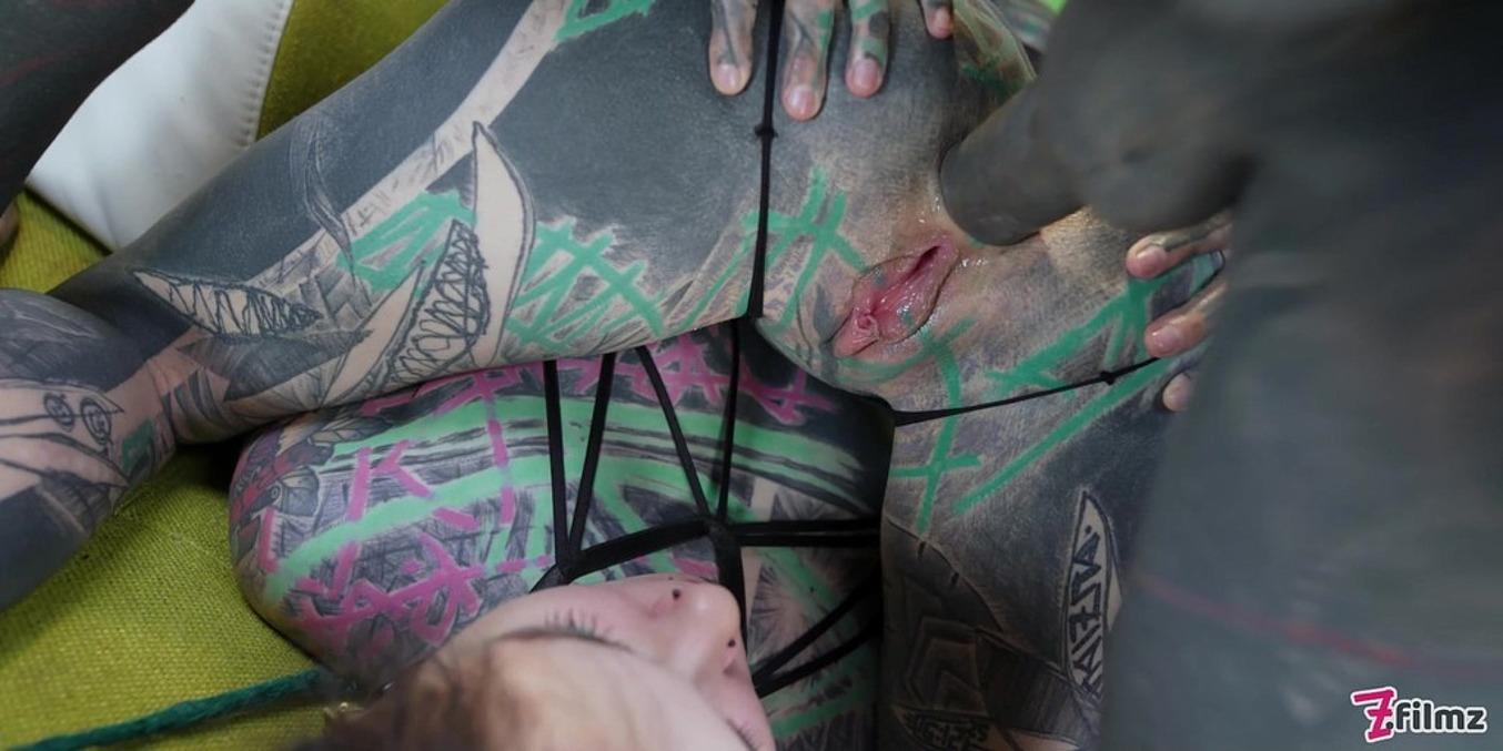 Tattoo Threesome Girls Gape Asses For Tattooed Dick
