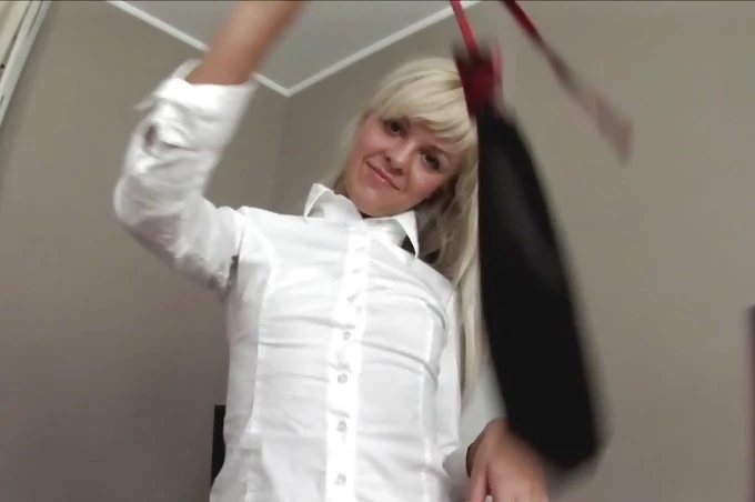 Lovable Teen in Pinstripe Stockings Plays with Anal Beads!