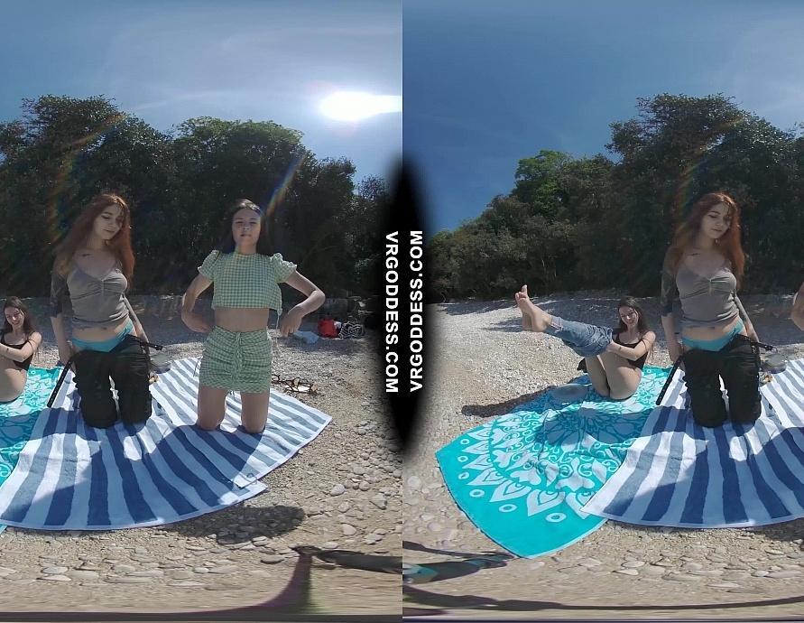 3 Babes Naked on Vacation Beach Picnic Playing Frisbee Searching for Shells and Bubbles