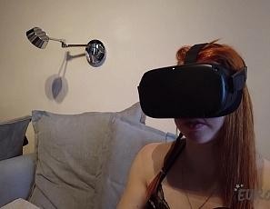 Spinner Ginger Model Rikki Blindfolds Herself While Watching Vr Porn and Miss Pussycat Dildos Her