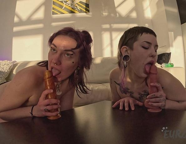 Hot Lesbians Sam And Ellah Fuck Themselves With Two Dildos On A Table