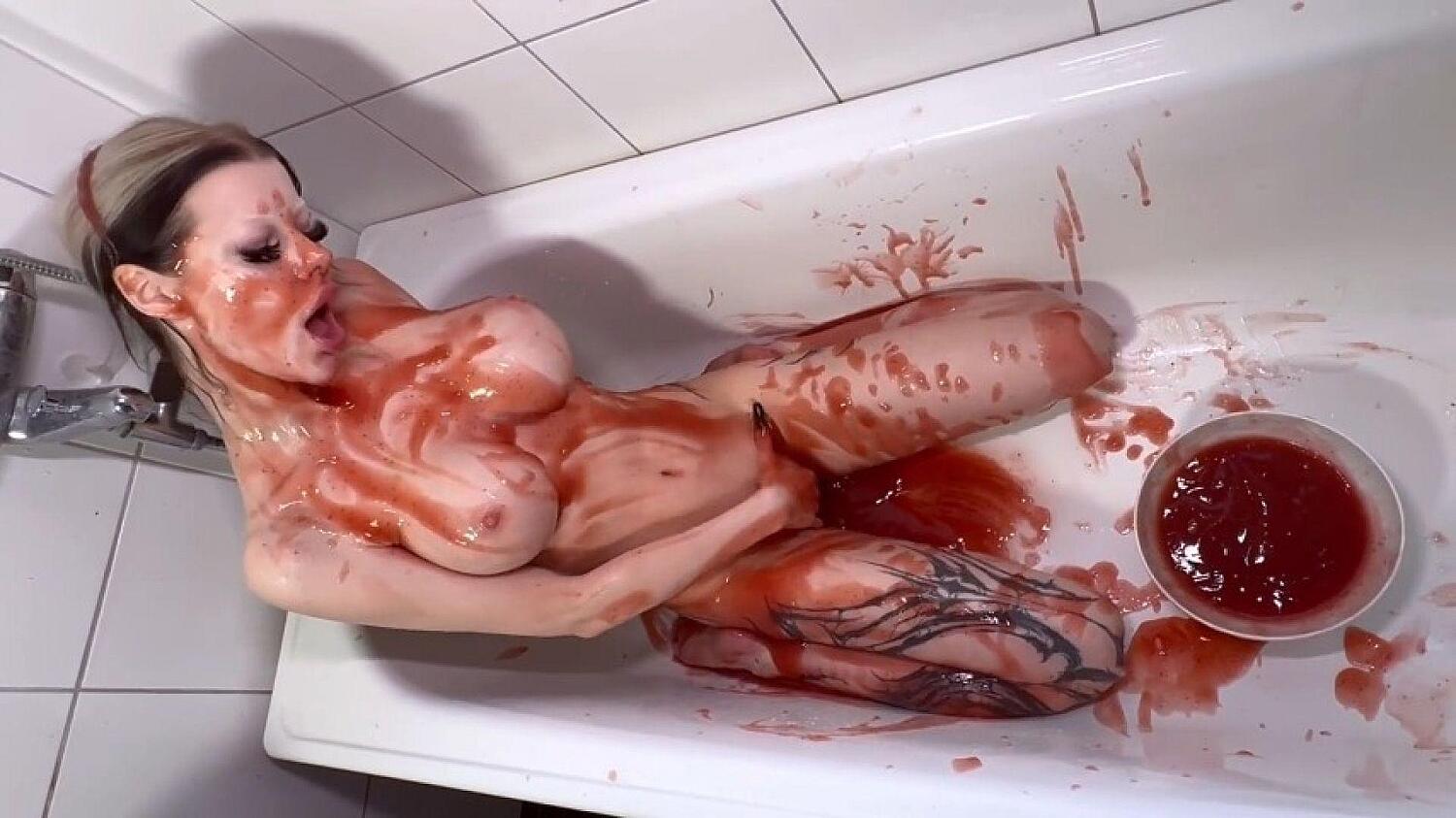 Masturbating + Sploshing With Jam In Bathtub