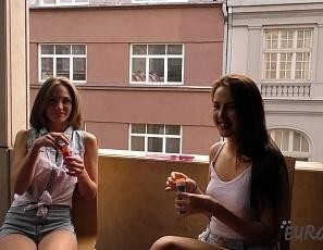 Hot Models Mira D and Patricia Sun Getting Naked and Playing with Bubbles Outdoors on Balcony