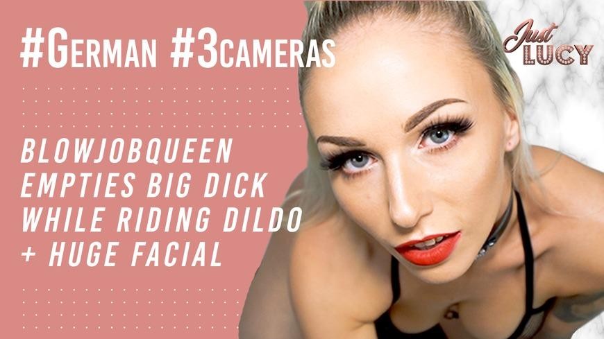 German: Blowjobqueen Empties Big Dick While Riding Dildo + Huge Facial