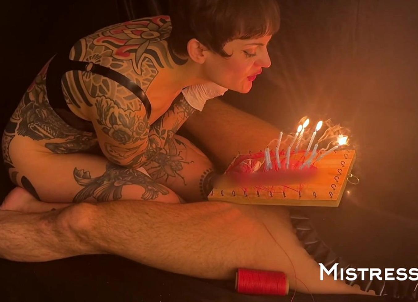 Birthday Celebration. Cbt, Wood Board, Medfet And Lit Candles