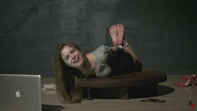 Hogtied Leya on the Turntable Suffers From Watching a Horror Video