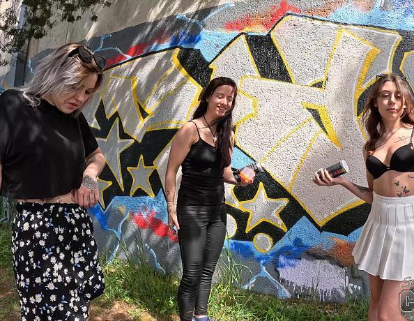 3 Hot Friends Gabriela Lati Sam And Dora Spraying Graffiti On Abandoned Building In The Forest