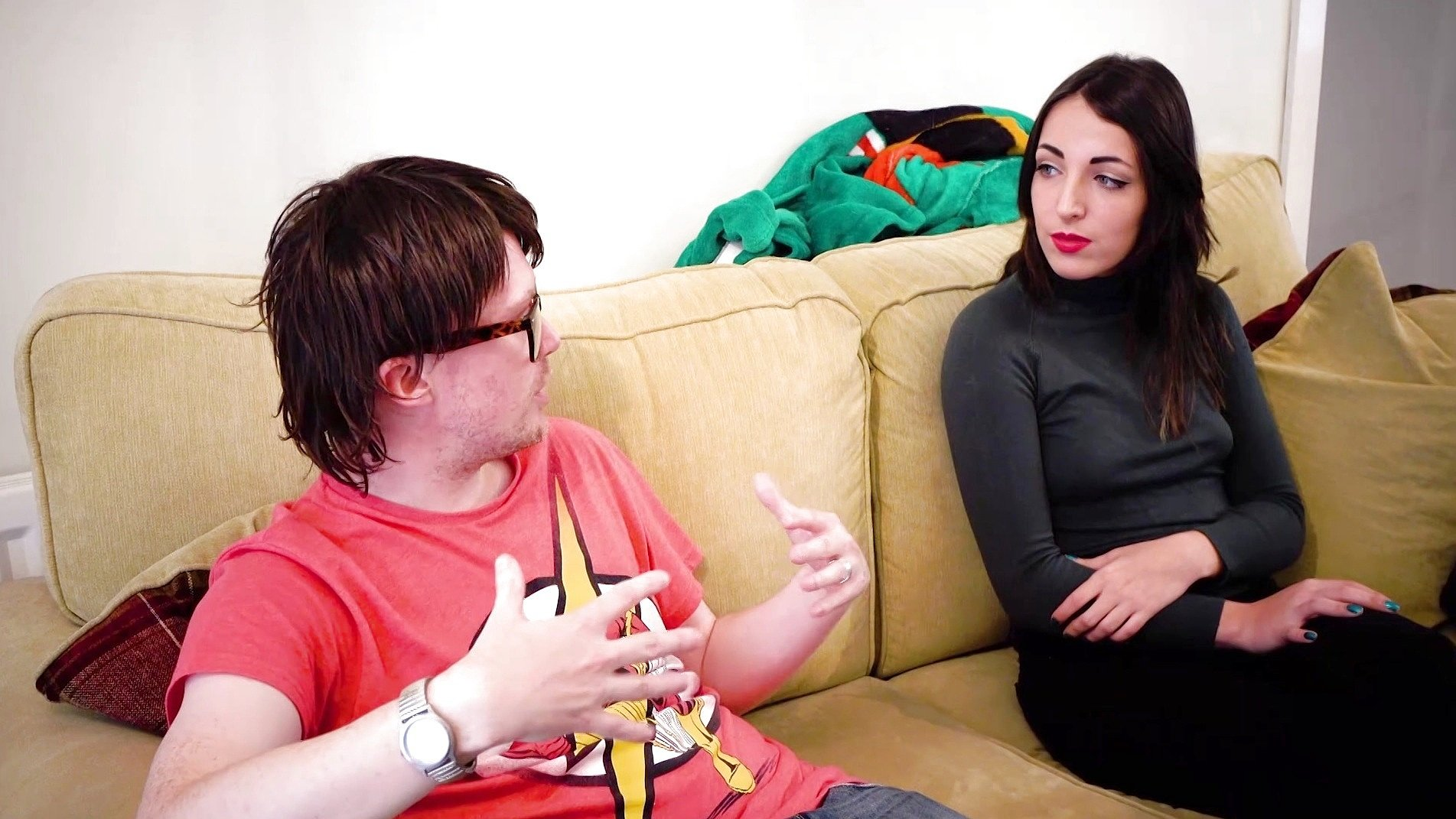 Brunette with Small Tits Give a Nerd a Blowjob and Eats His Cum