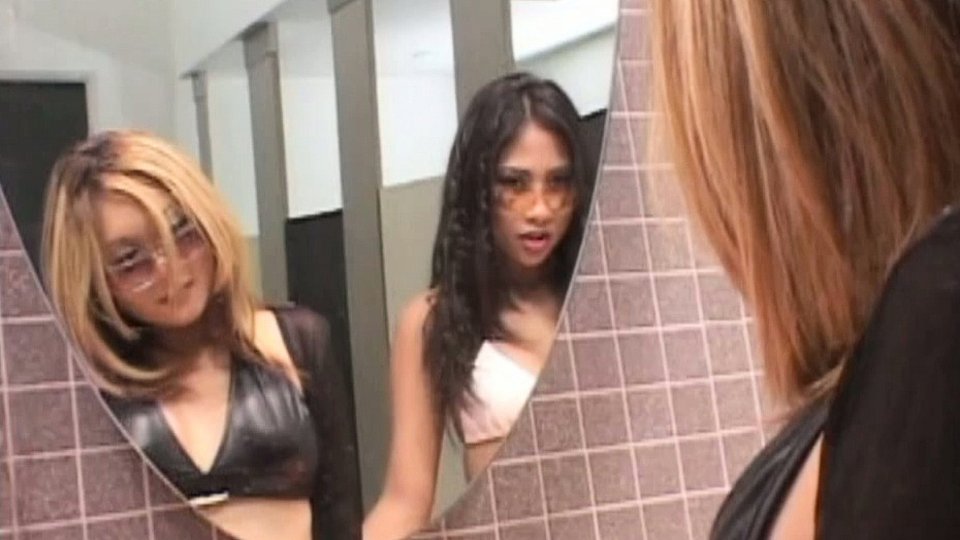 Asian Lesbian Threesome with Labia Pinching and Strap on Fucking