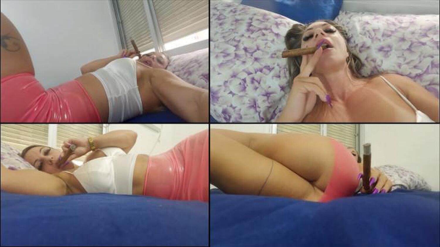 Blonde In A Sweaty Up Skirt, Smoking A Cigar, Seducin