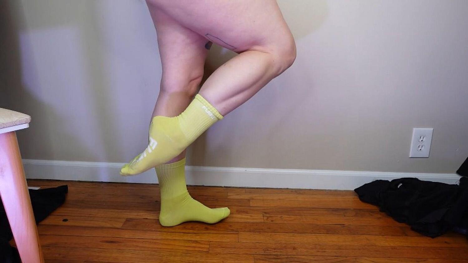 Flexing Calves In Long Lime Green Socks
