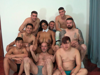Tina's Big Tits for 8 Hunks in the Free Pussy Day Gang Bang!