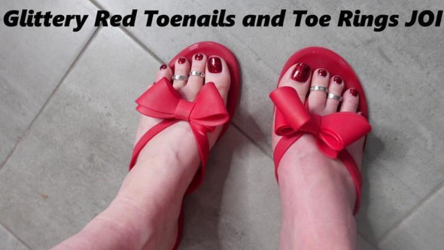 Glittery Red Toenails And Toe Rings JOI