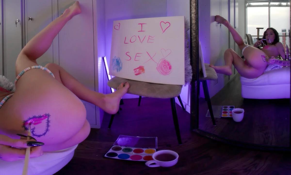 Abbie Storm -- Dirty Pop Art On Her Naked Body And Canvas, Watching Herself In The Mirror