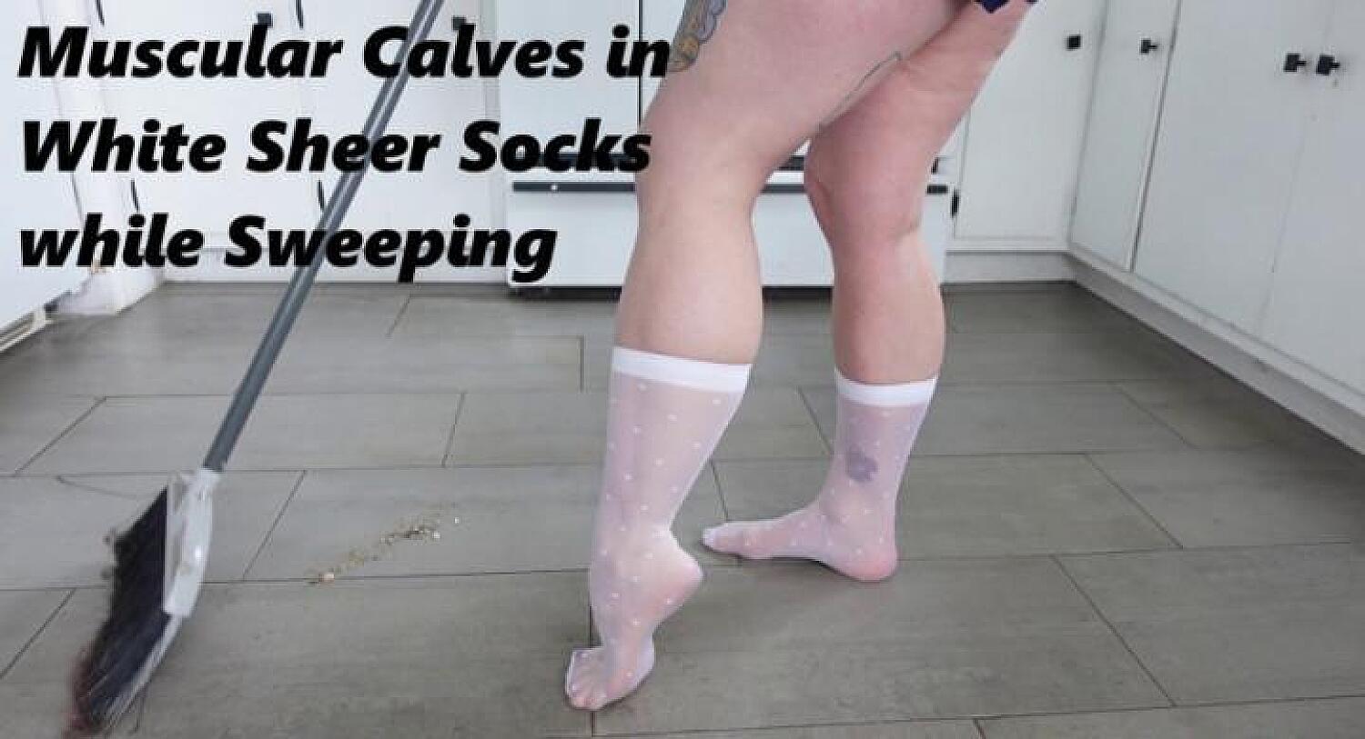 Muscular Calves In Sheer White Ankle Socks While Sweeping