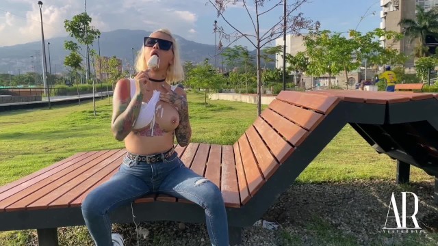 Sloppy Agata in a Public Park in Medellin - Wet T-Shirt Show at the End