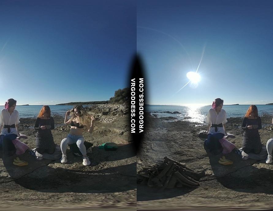 3 Hot Girls Getting Naked on Beach During Winter Making Fire Eating Bananas Dancing