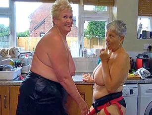 Short Granny Fucks Bigger Taller Grandma with a Strap on