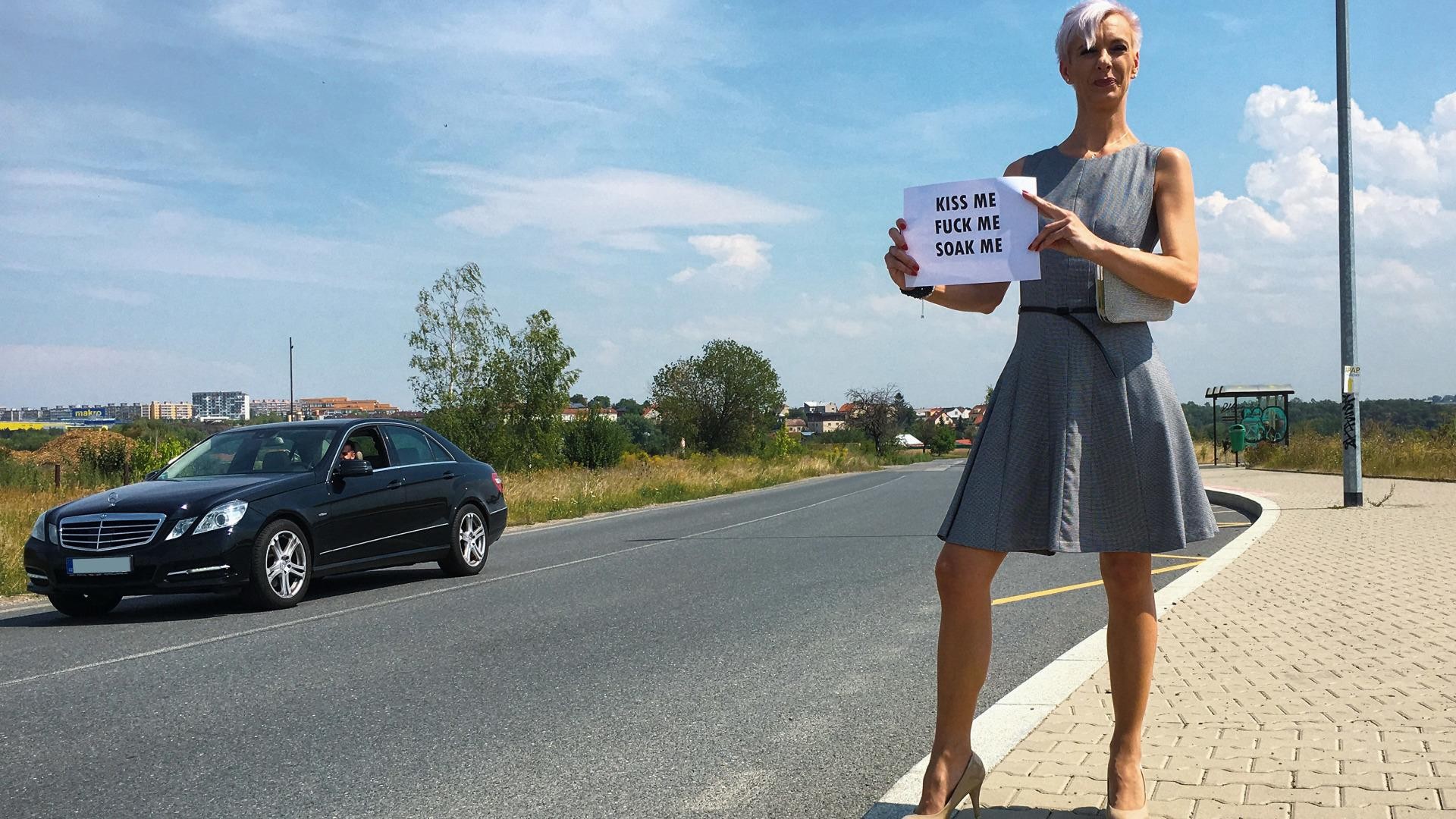 Blonde Bimbo Hitch Hiker Loves His Piss